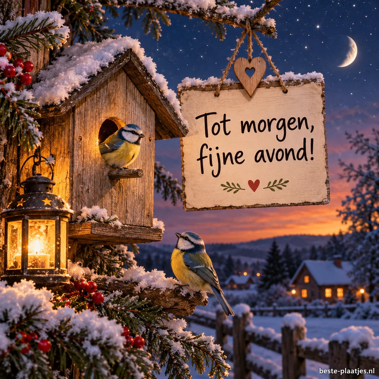 Twee pimpelmezen zitten bij een besneeuwd vogelhuisje in het zachte avondlicht.
