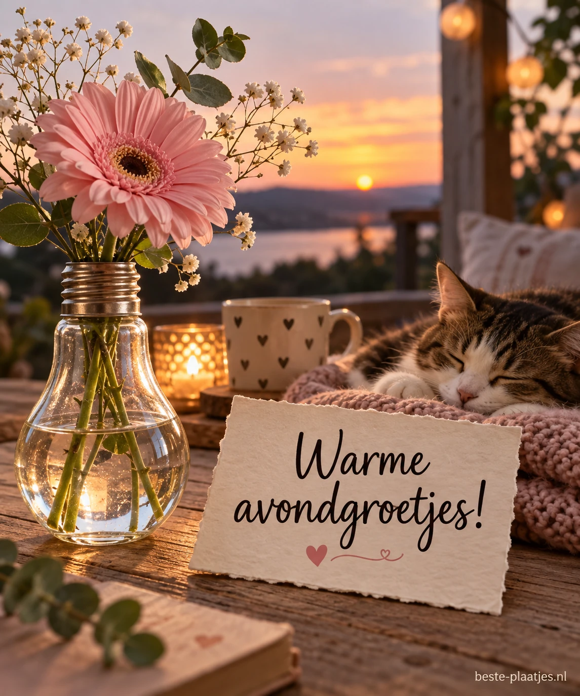 Een zachte roze bloem in een vaas van een gloeilamp.