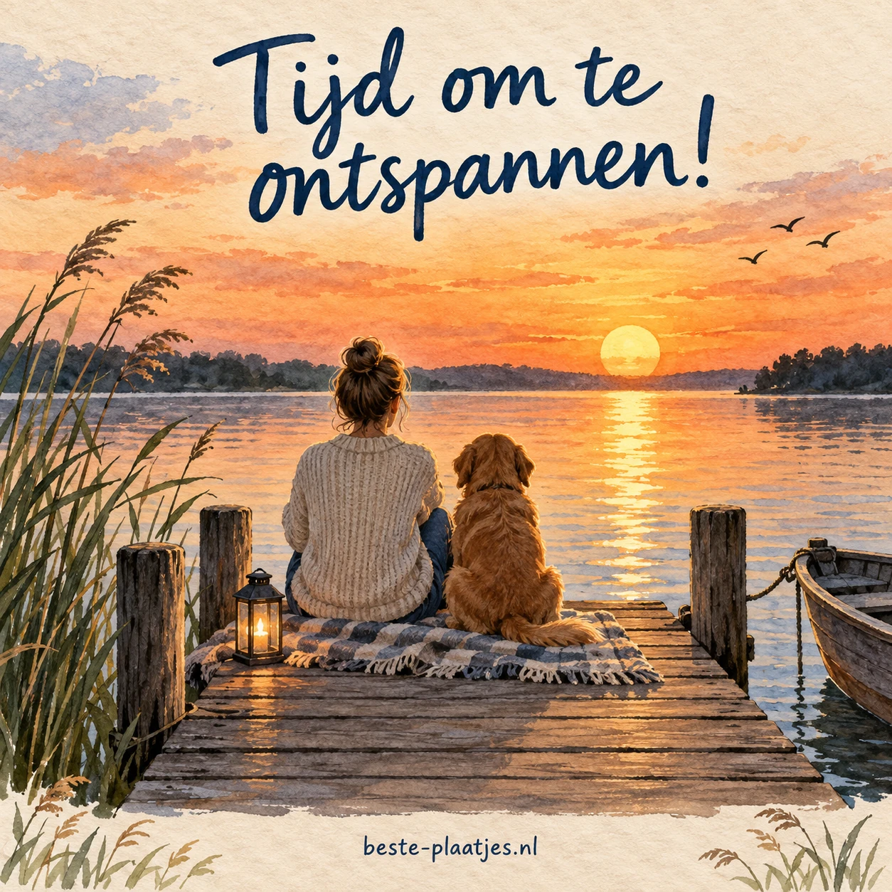 Een steiger strekt zich uit over het kalme water bij een gouden zonsondergang.