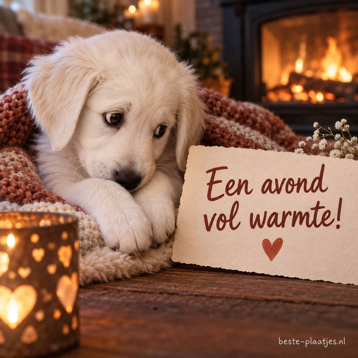 Een schattige witte puppy die verlegen kijkt.