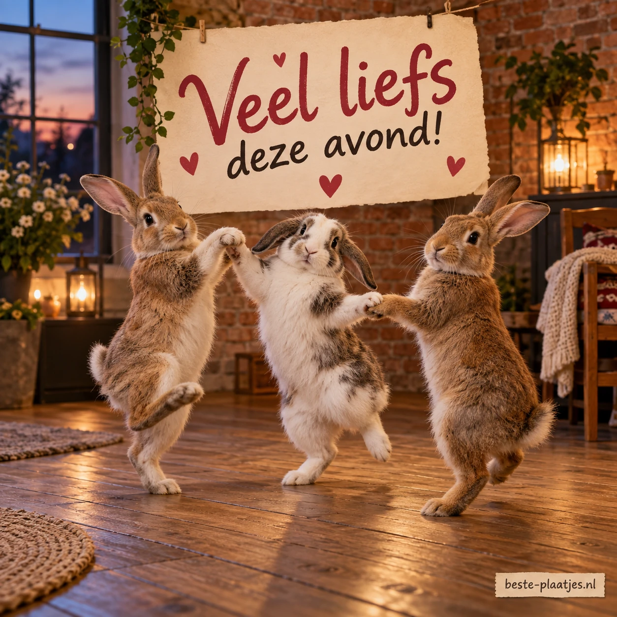 Drie konijnen dansen in een kamer met houten vloer en bakstenen muren.
