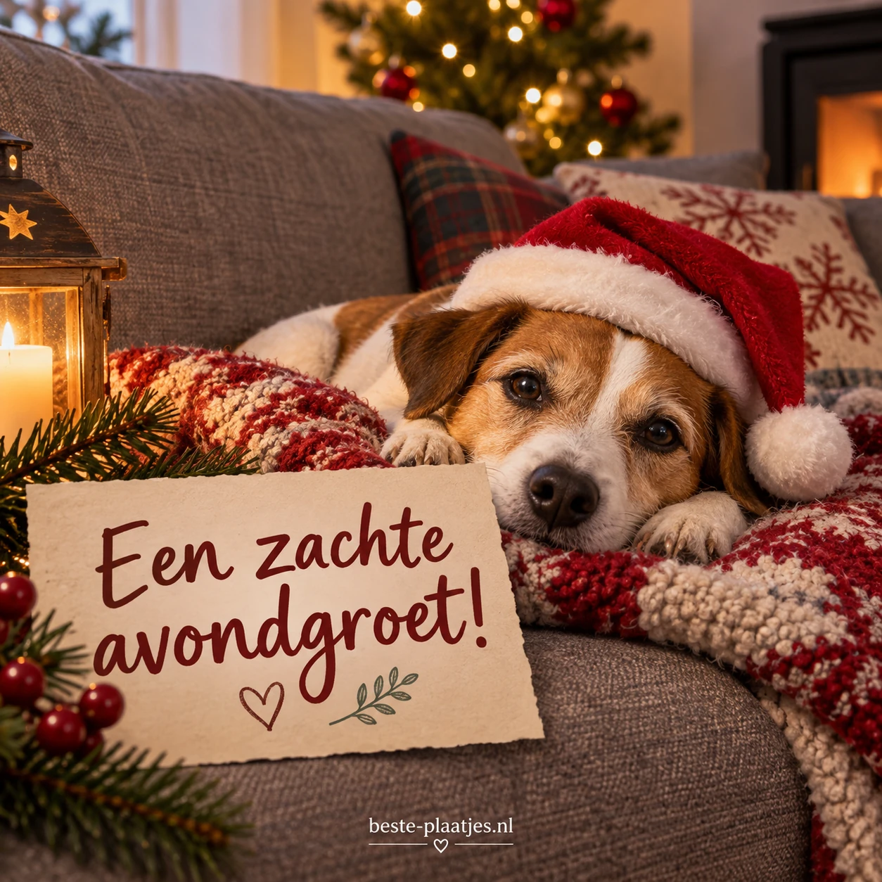 Een hondje met een kerstmuts ligt ontspannen op een bank.