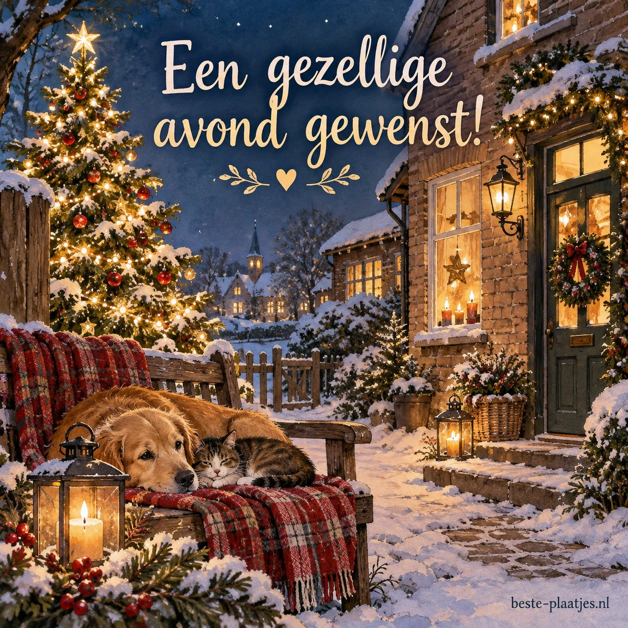 Een verlichte kerstboom staat buiten een gezellig verlicht gebouw.