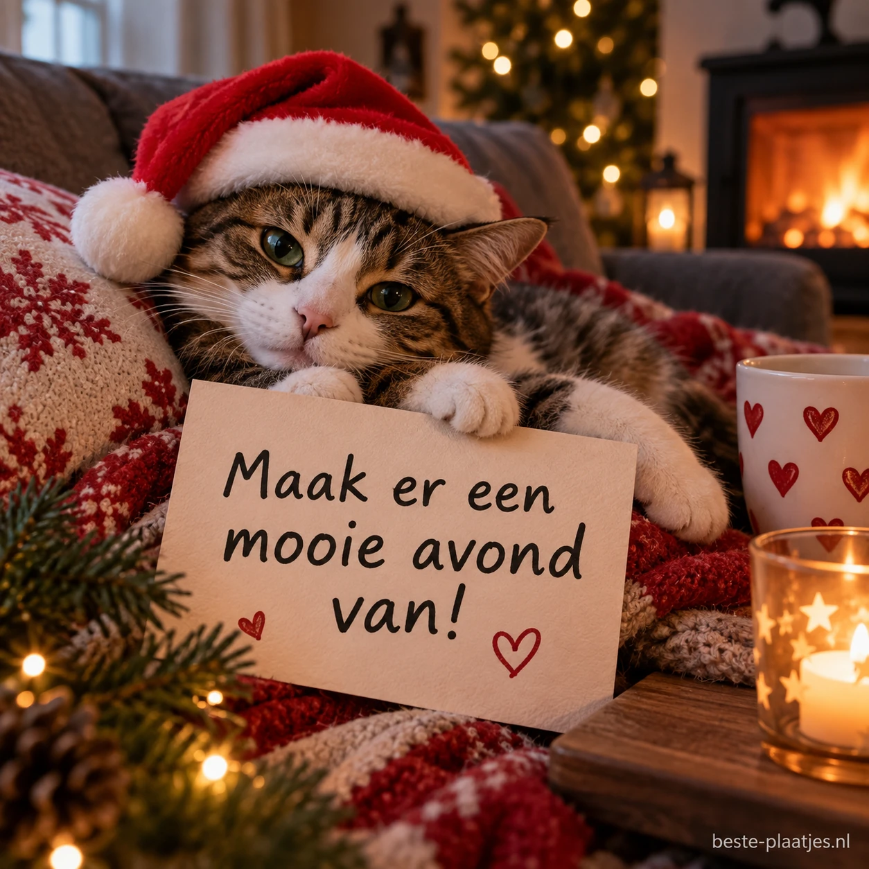 Een kat met een kerstmuts ligt op de bank achter een bord met een avondwens.