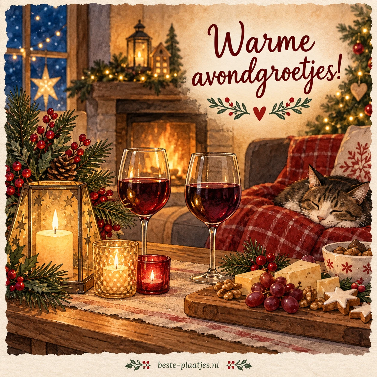 Warme kaarsen, twee glazen rode wijn en kerstdecoratie zorgen voor een gezellige avond.