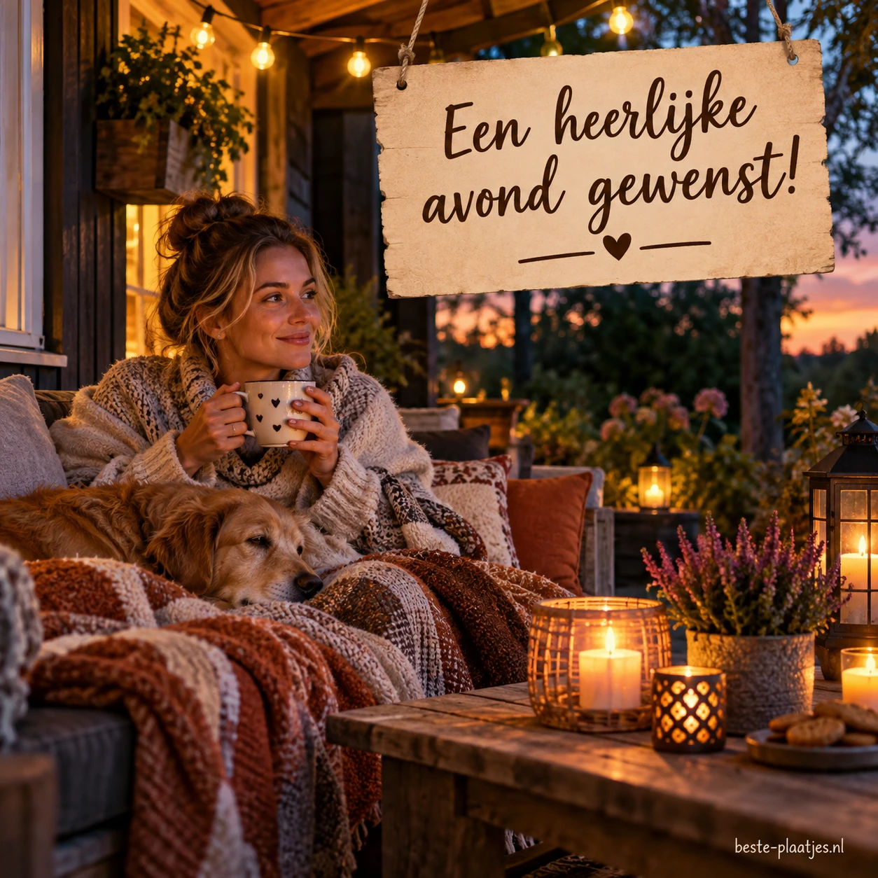 Gezellige veranda met verlichting, kaarsen en warme dekens, uitnodigend voor een avond met koffie.