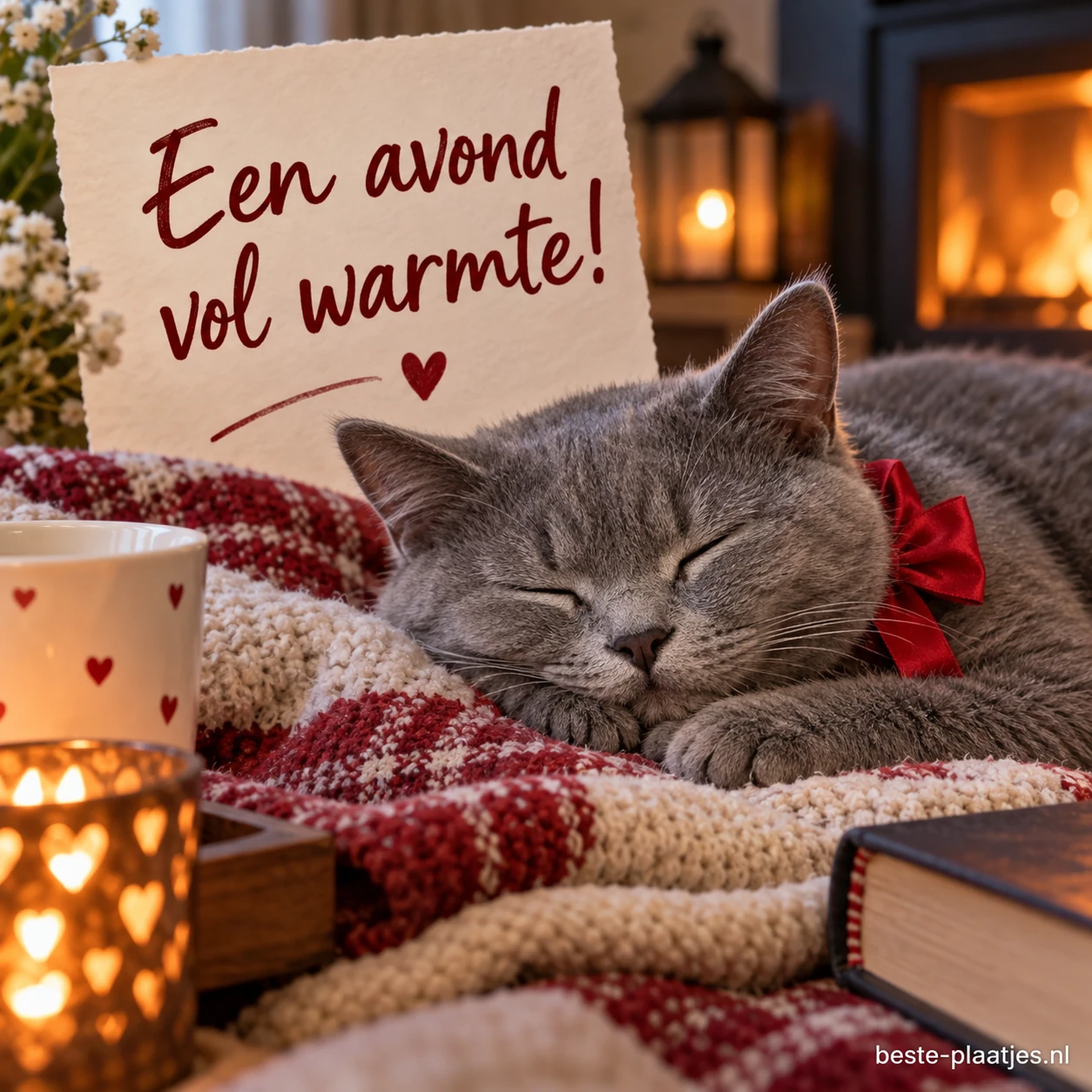 Zacht slapend katje met rode strik in een warme avondgloed.