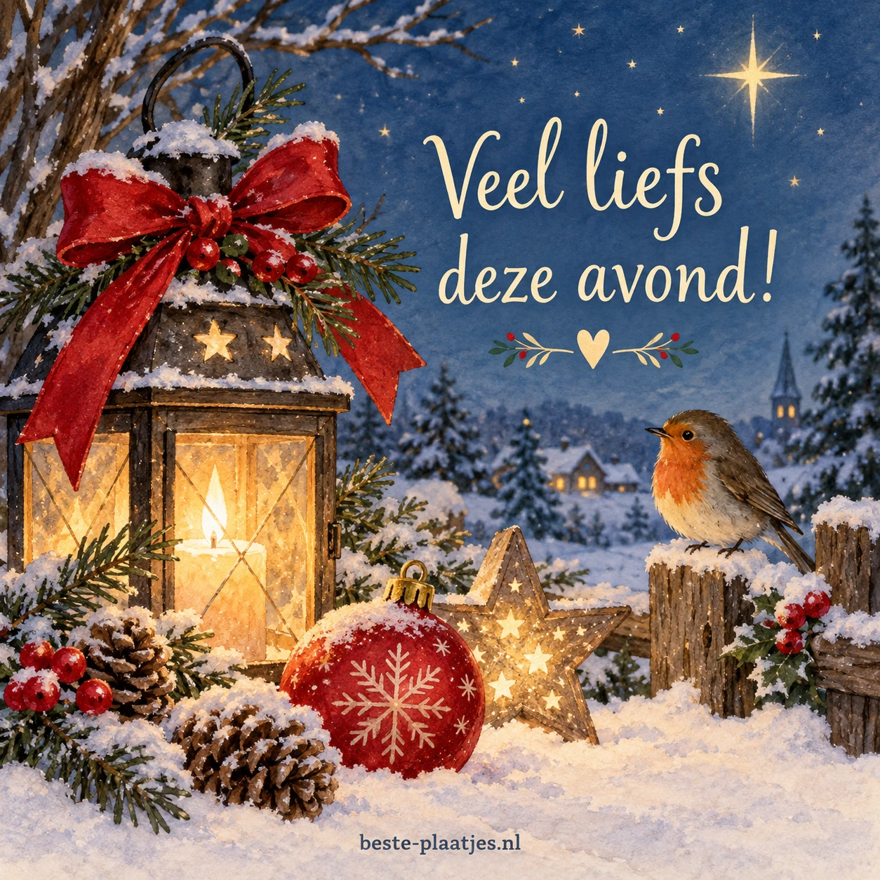Een rode kerstbal ligt in de sneeuw naast een lantaarn met een rode strik en een roodborstje.