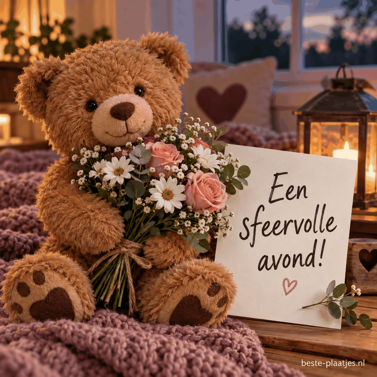 Een teddybeer houdt een boeket bloemen vast.