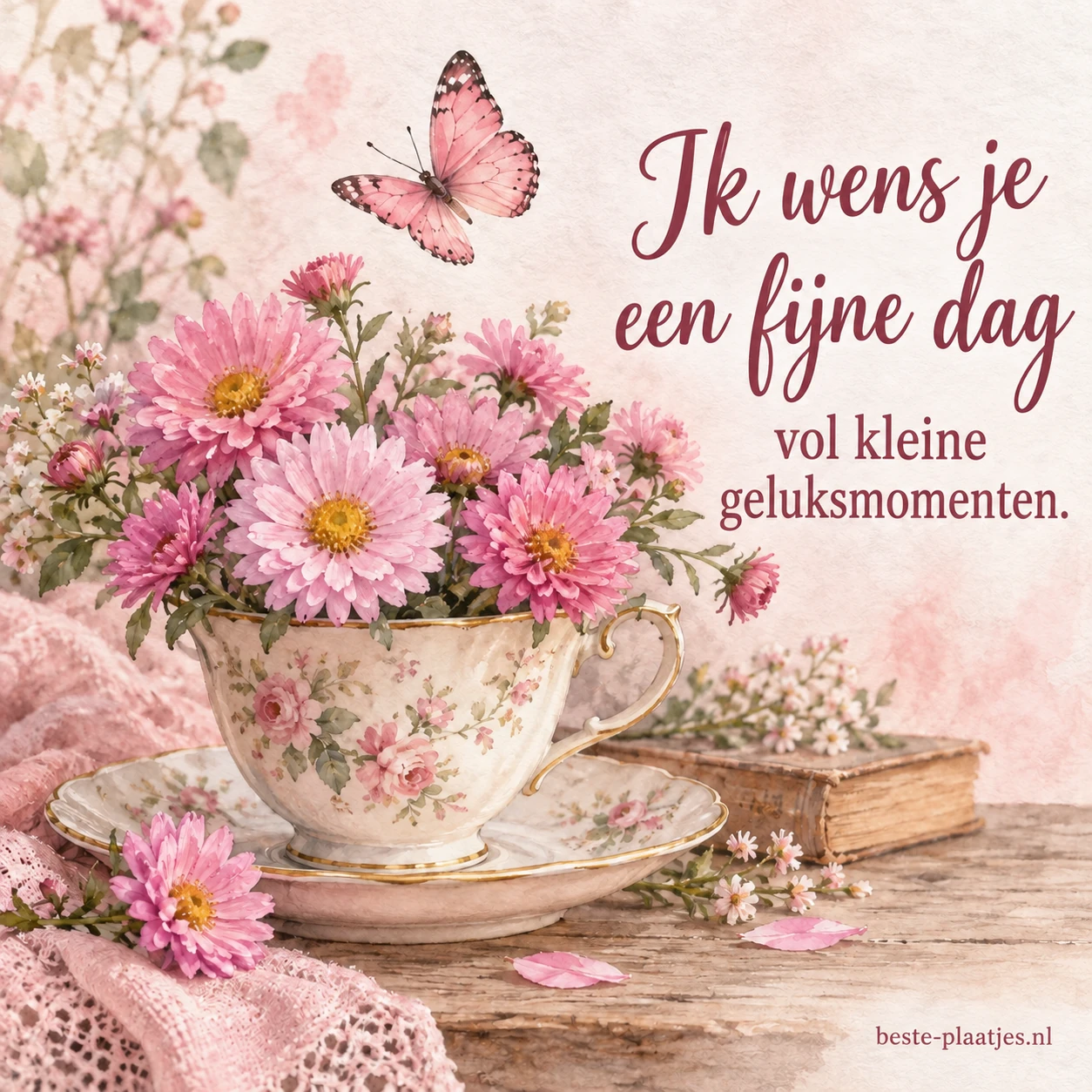Roze bloemen staan in een sierlijk theekopje, met een vlinder erboven.