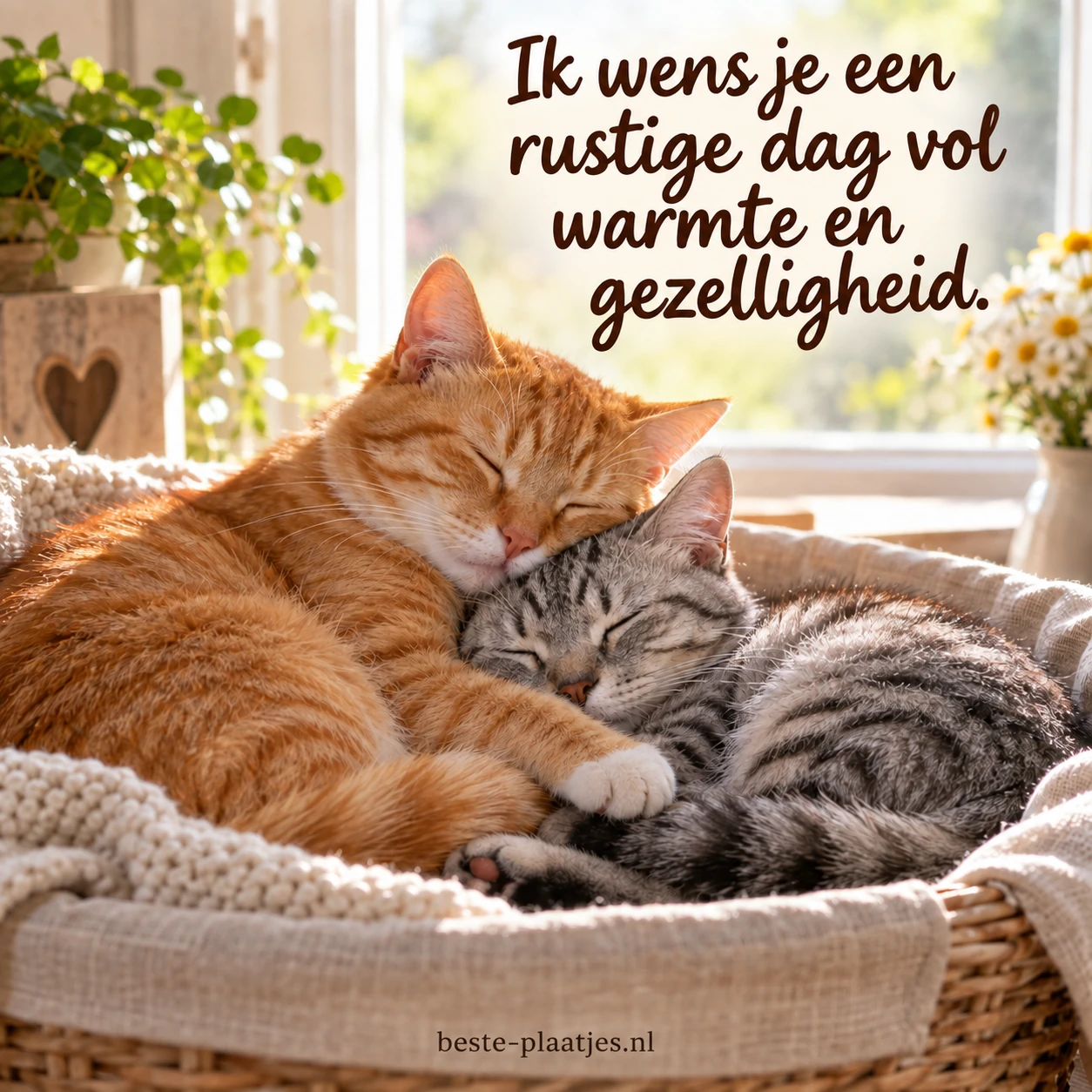 Twee katten liggen dicht tegen elkaar te slapen in het zonlicht.