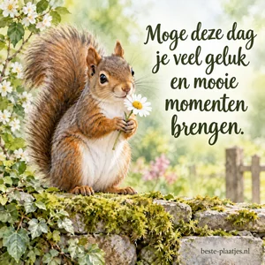 Een eekhoorn houdt een witte bloem vast tussen het frisse groen.