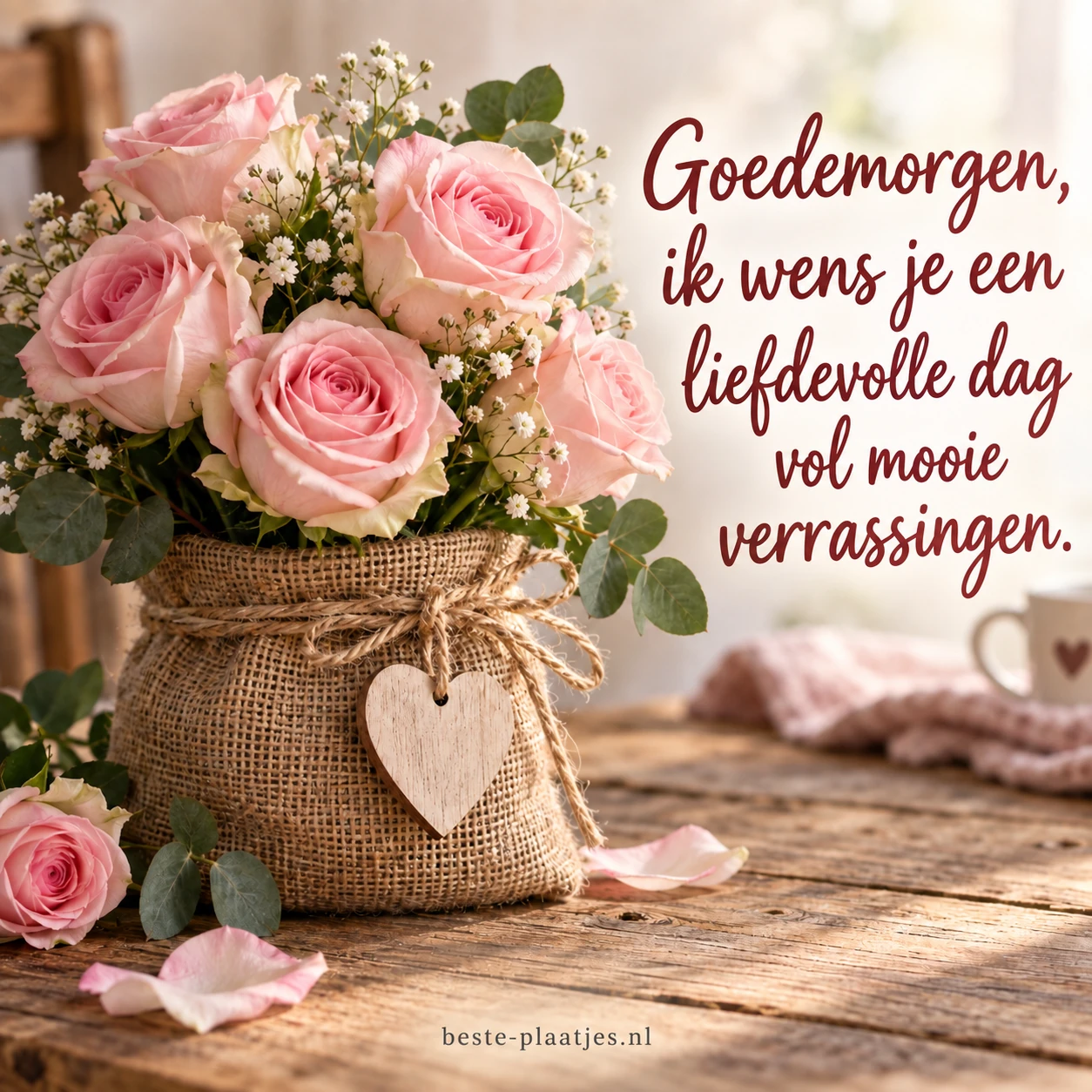Roze rozen staan in een juten zakje met een hartje aan het touw.