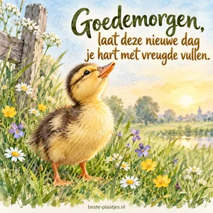 Een jong eendje kijkt omhoog tussen de bloemen en het gras.