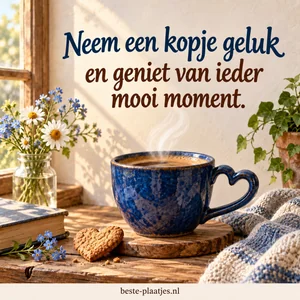 Een blauwe koffiekop met een hartvormig handvat in warm ochtendlicht.