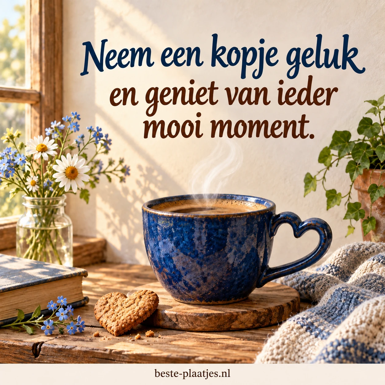 Een blauwe koffiekop met een hartvormig handvat in warm ochtendlicht.