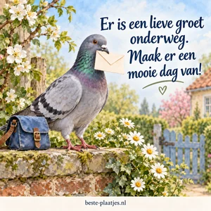 Een grijze postduif draagt een envelop tussen de bloemen.