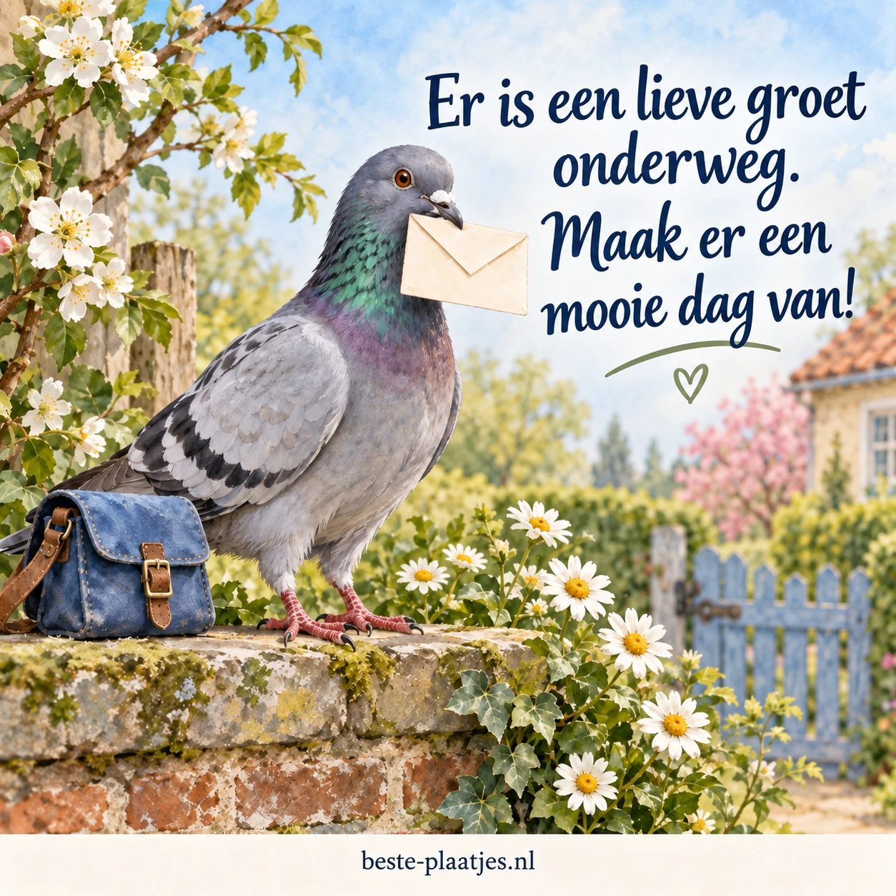 Een grijze postduif draagt een envelop tussen de bloemen.