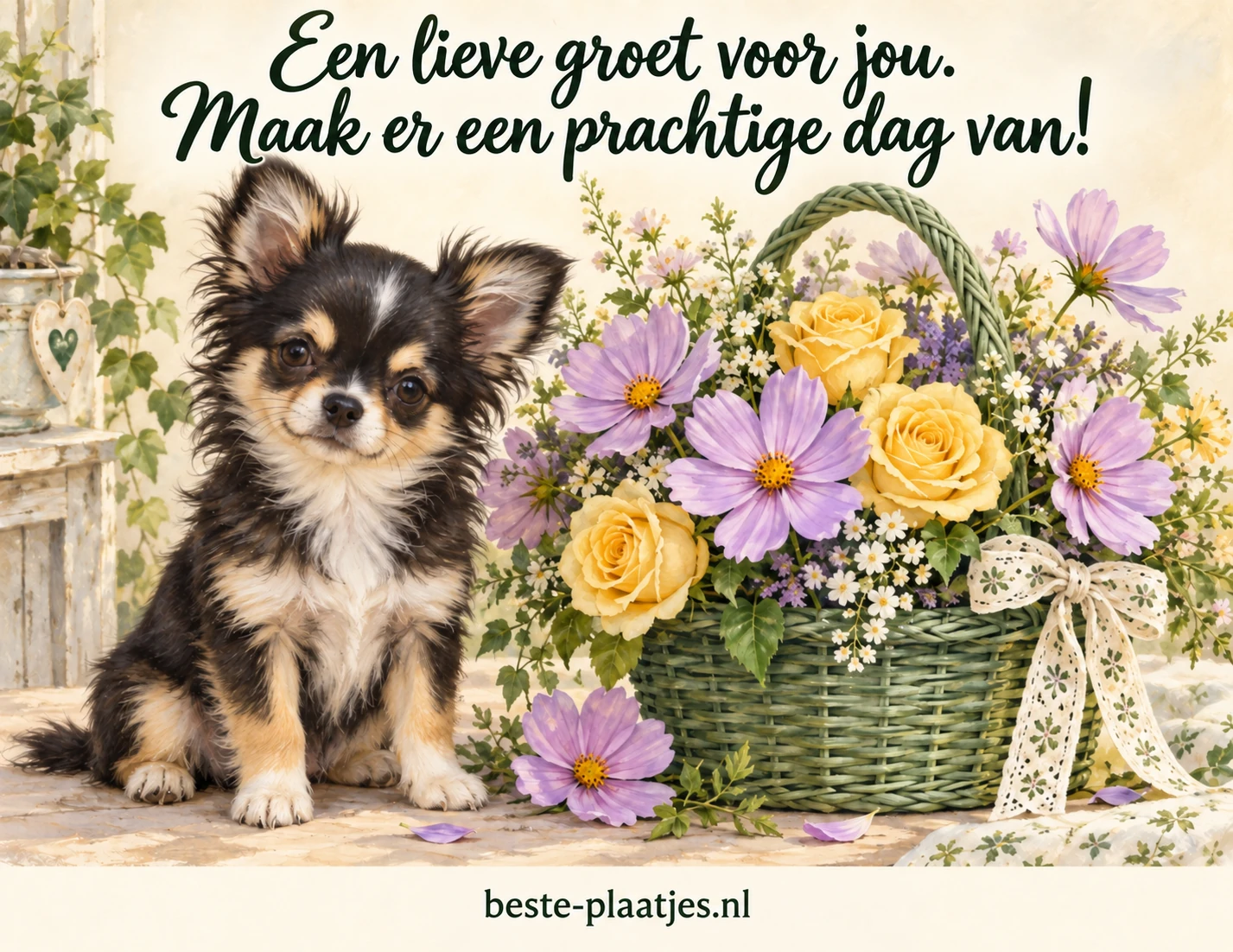 Een kleine chihuahua zit naast een groene mand met paarse bloemen en gele rozen.
