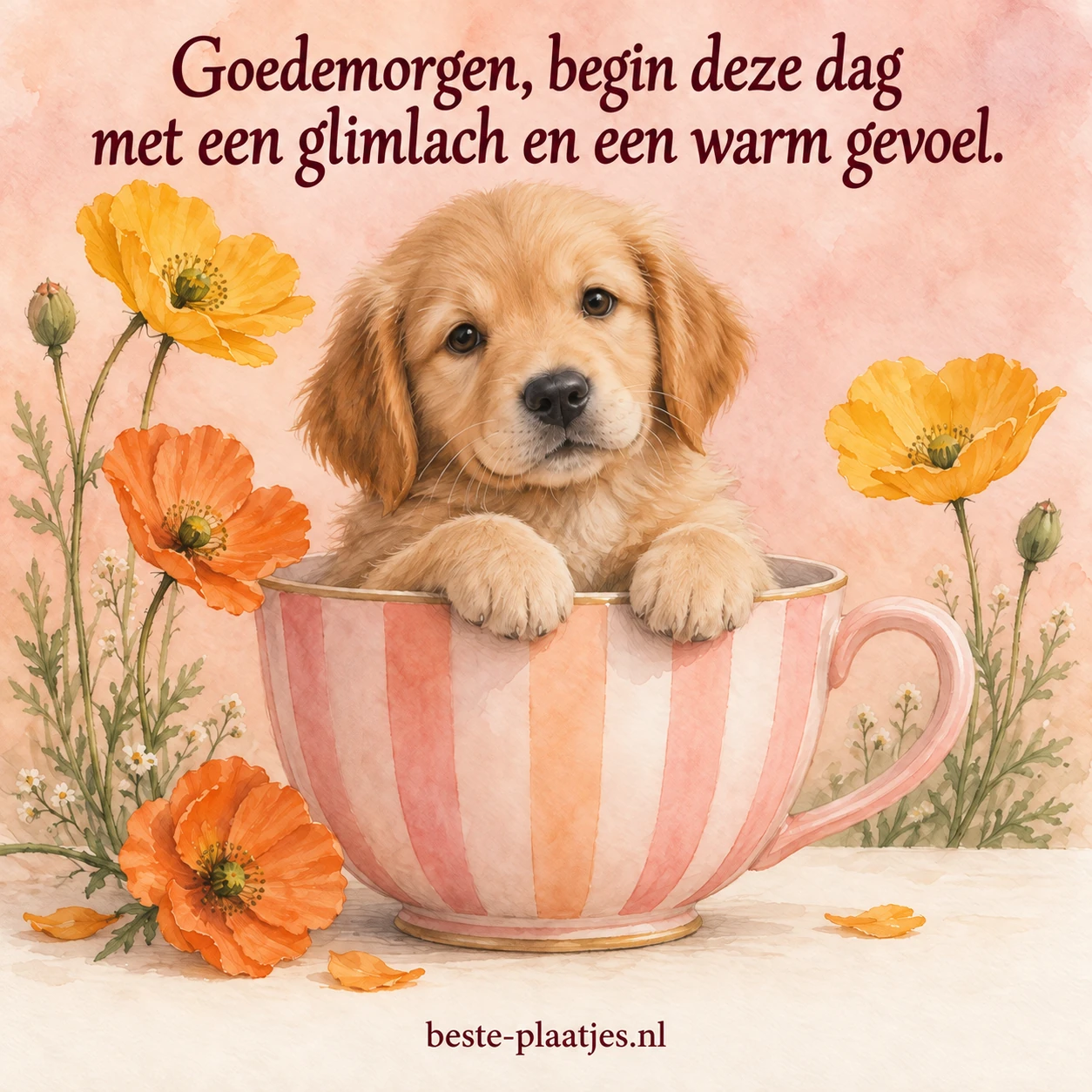 Een gouden puppy rust in een roze gestreepte theekop tussen gele en oranje klaprozen.