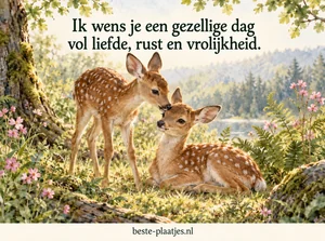 Twee jonge hertjes staan en liggen dicht bij elkaar in een bloemrijke bosomgeving.