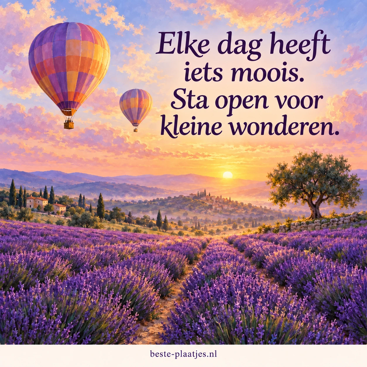 Twee luchtballonnen zweven boven paarse lavendelvelden bij een warme zonsopkomst.