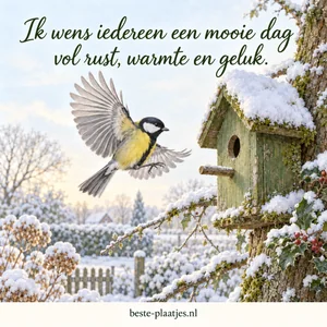 Een koolmees vliegt naar een groen vogelhuisje in een besneeuwde tuin.