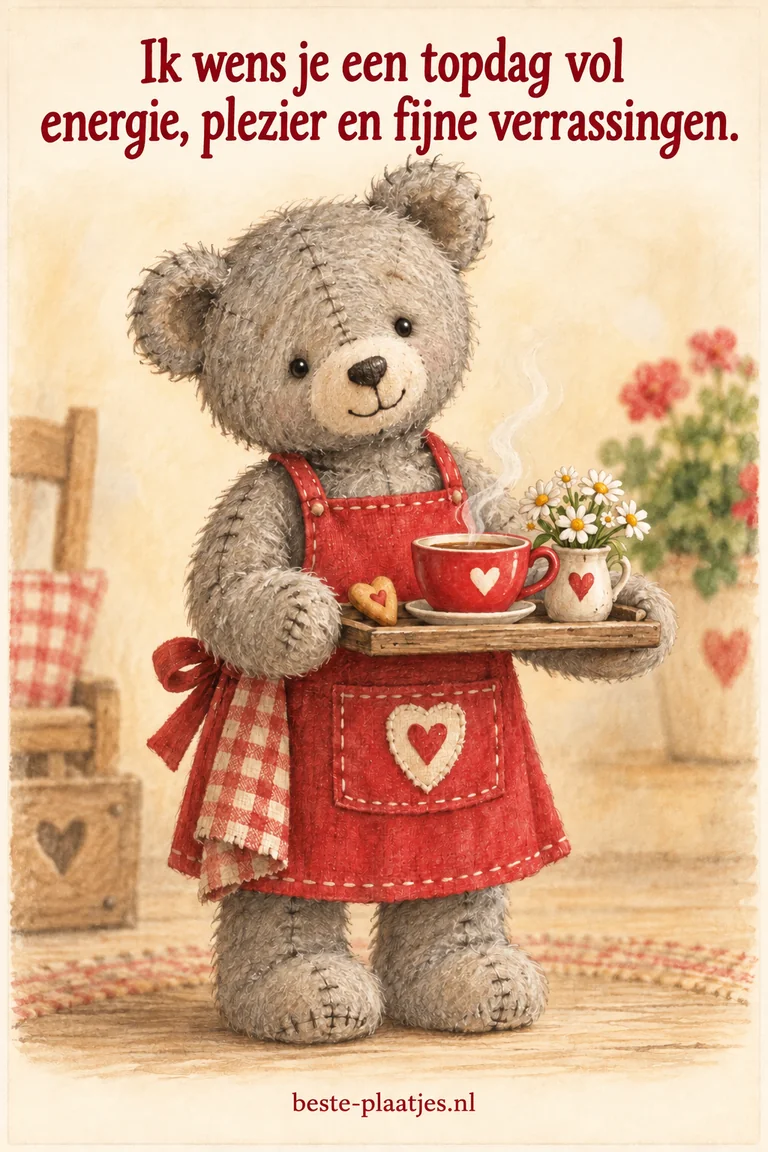 Een grijze teddybeer met rood schort draagt een dienblad met een rood kopje.