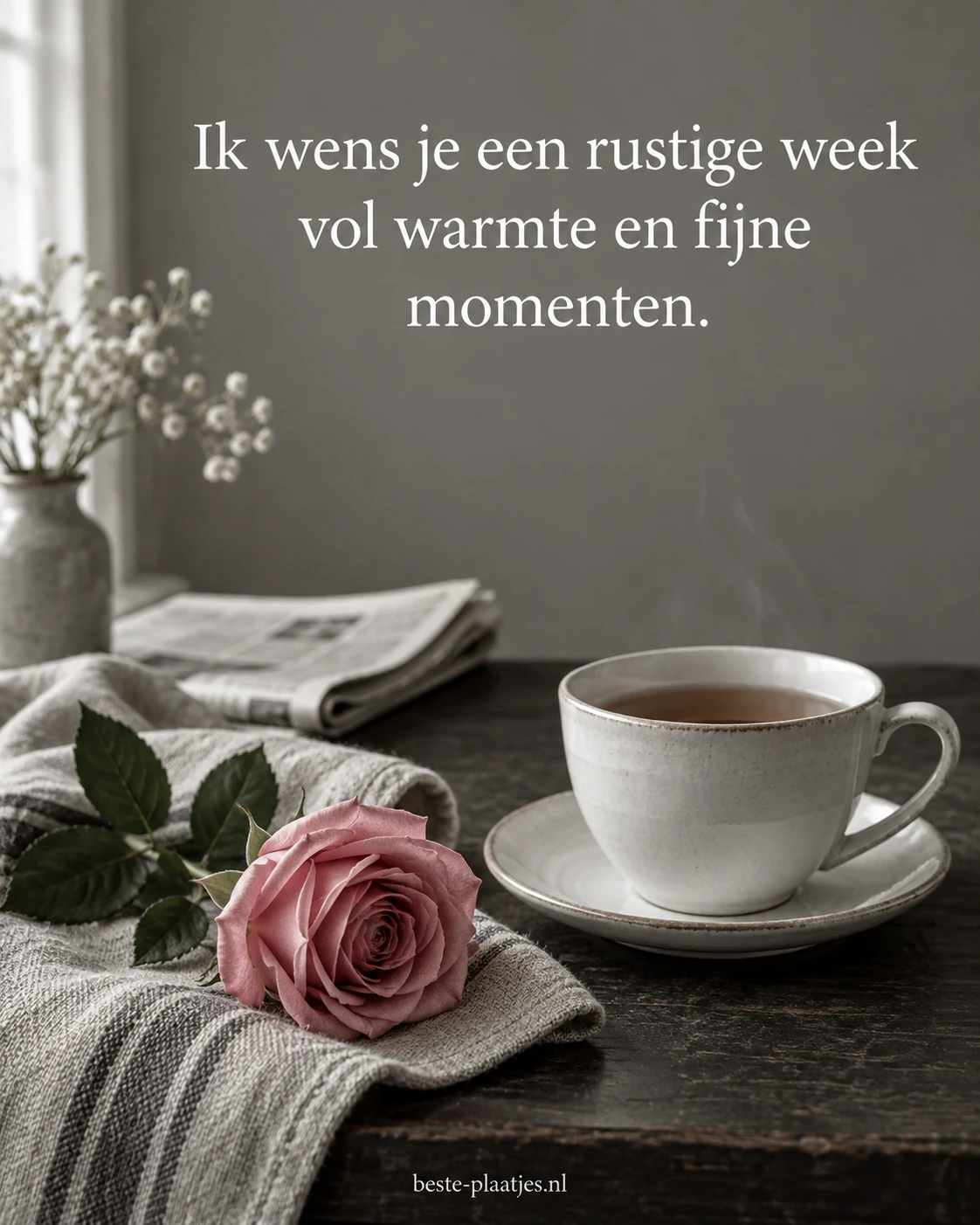 Een roze roos, witte theekop en krant vormen een rustige ochtend.