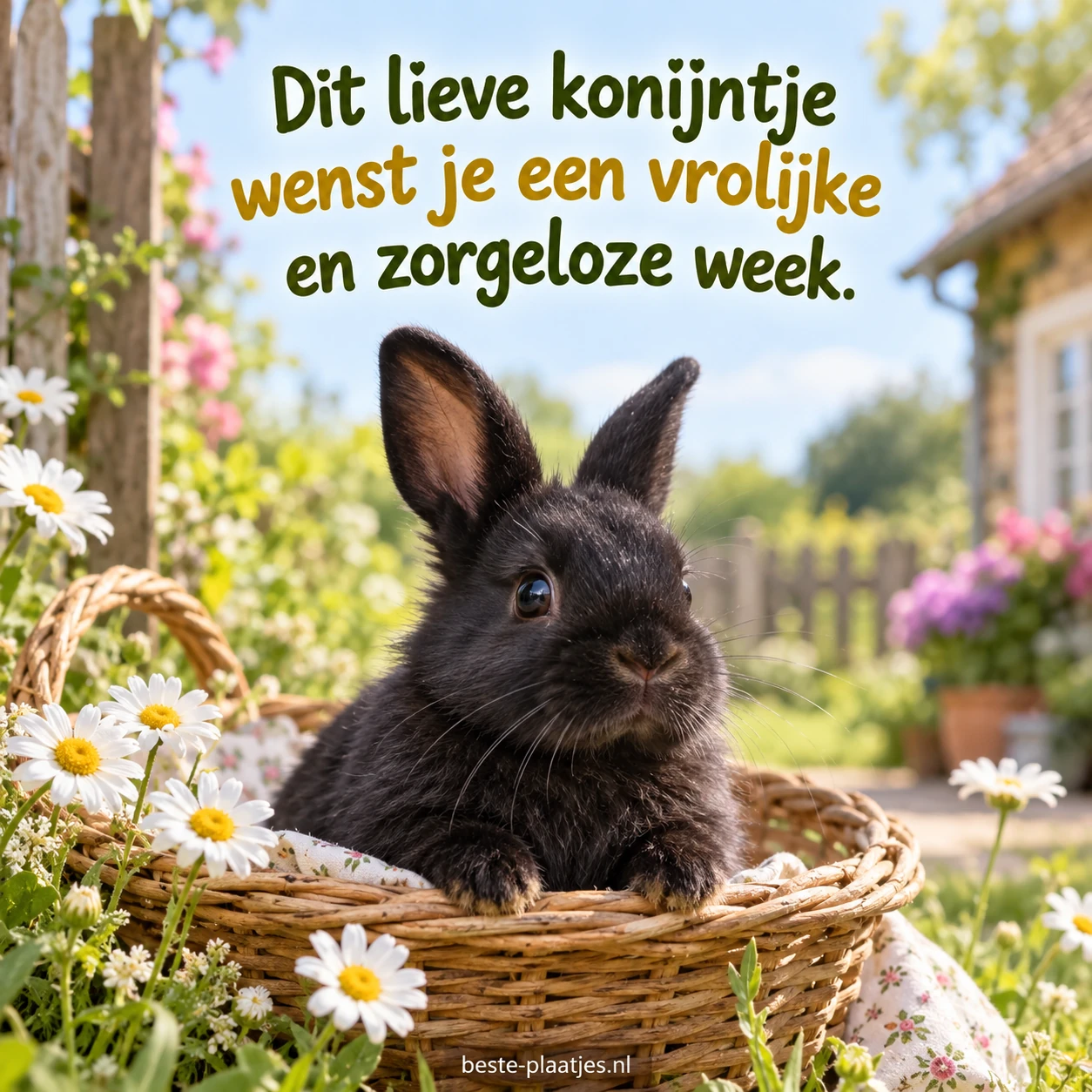 Een zwart konijntje zit tussen madeliefjes in een rieten mand.