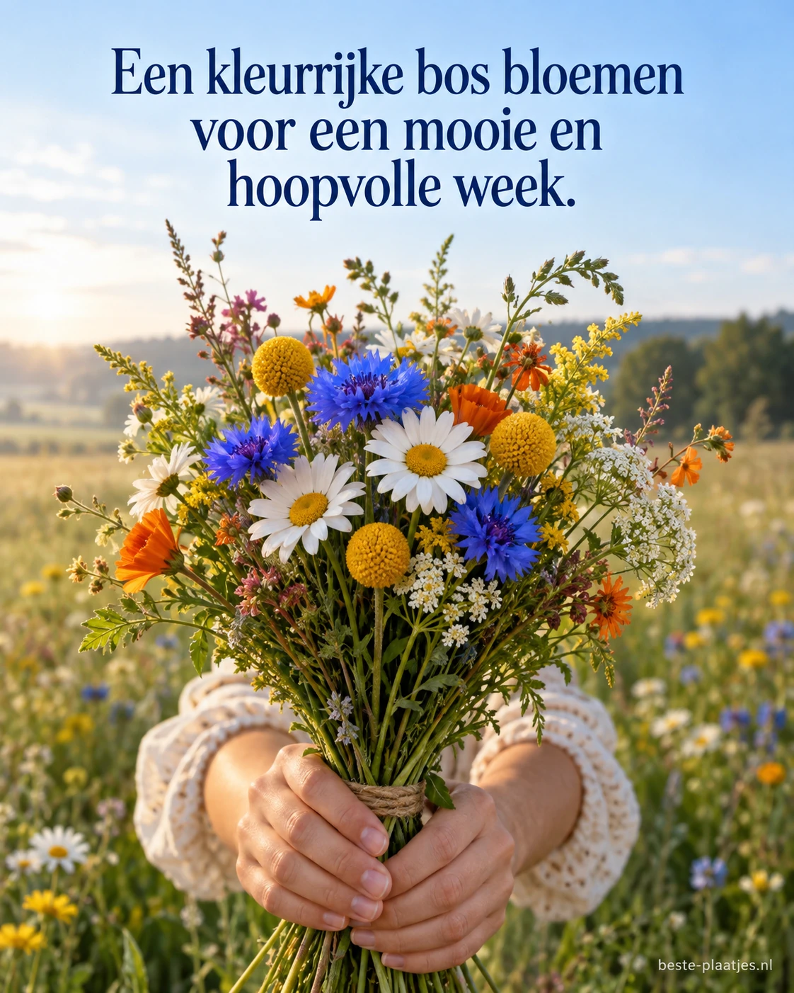 Twee handen bieden een kleurrijk veldboeket in een zonnige weide.