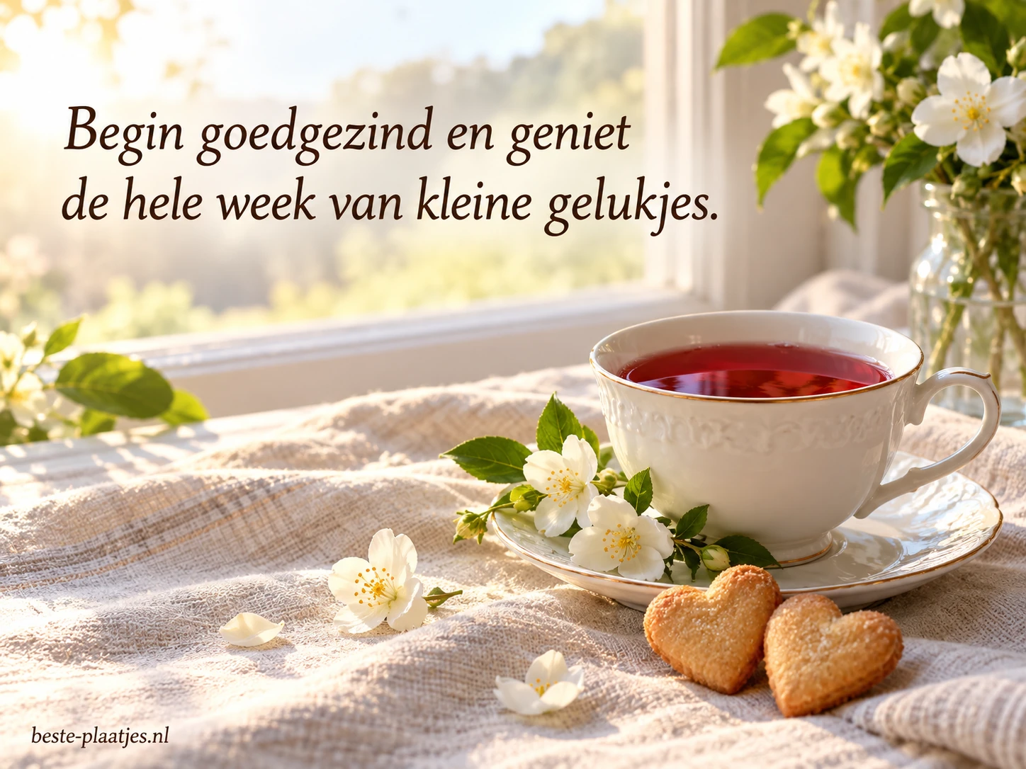 Een kop rode thee staat met jasmijnbloesem en hartkoekjes bij het raam.