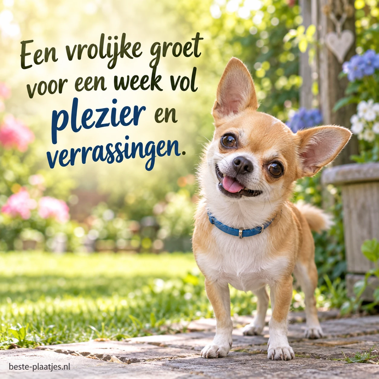 Een vrolijke chihuahua kijkt scheef in een zonnige bloementuin.