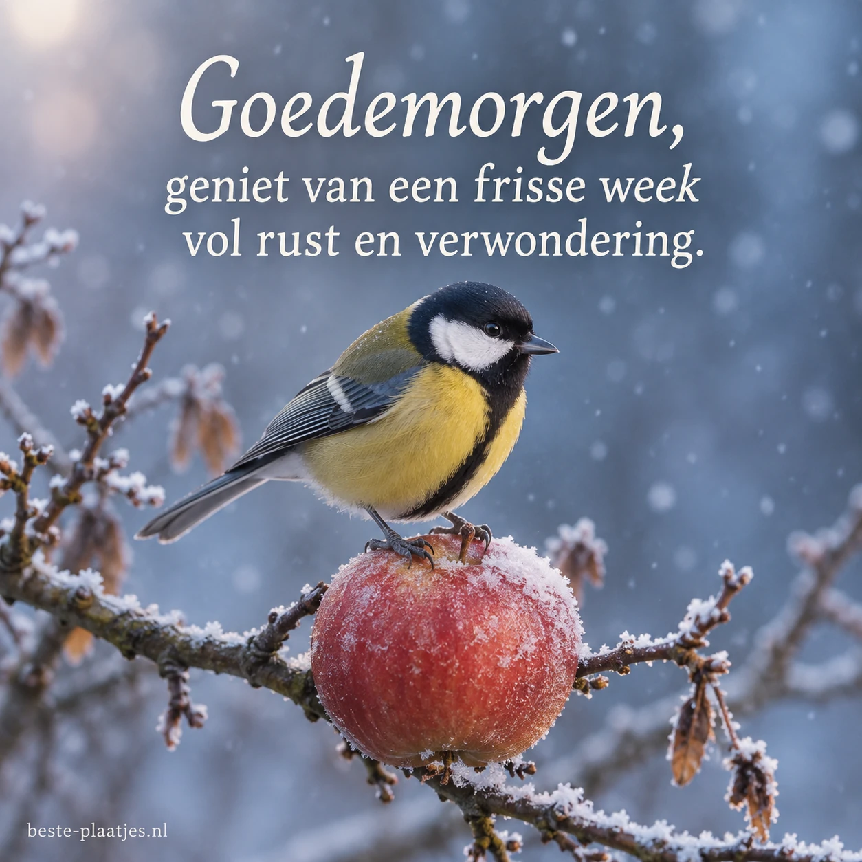 Een koolmeesje zit op een berijpte rode appel tijdens lichte sneeuw.