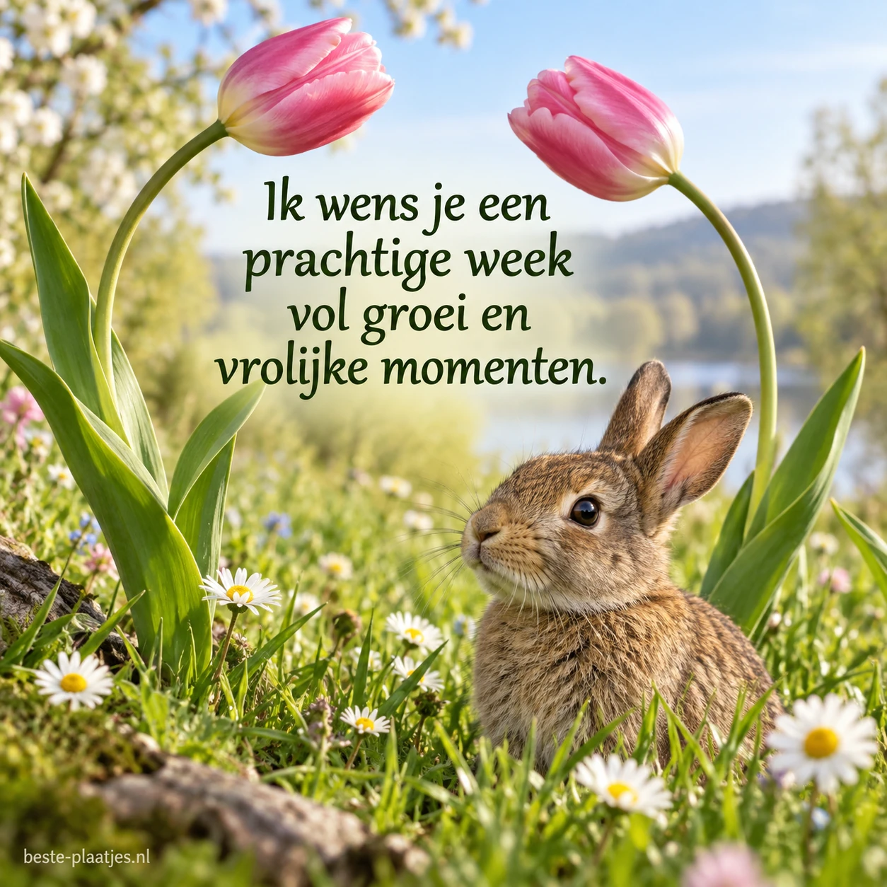 Een bruin konijntje zit tussen madeliefjes onder gebogen roze tulpen.