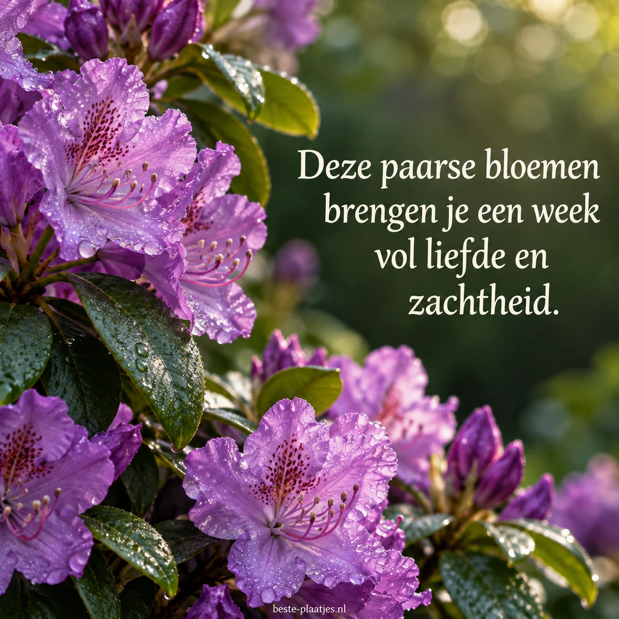 Paarse rododendrons met dauwdruppels bloeien in zacht ochtendlicht.