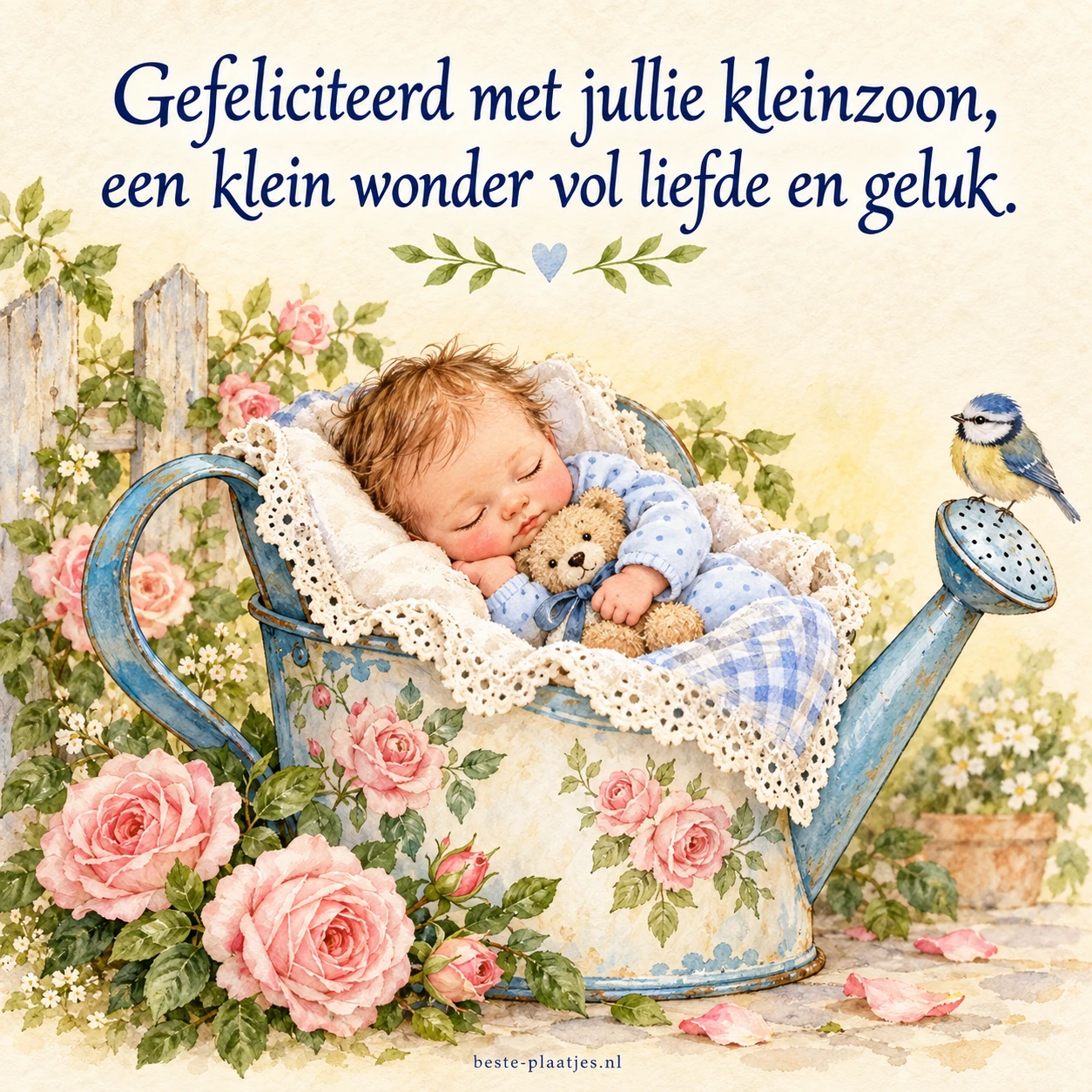 Een slapende baby ligt in een bloemrijke blauwe gieter met een teddybeer.