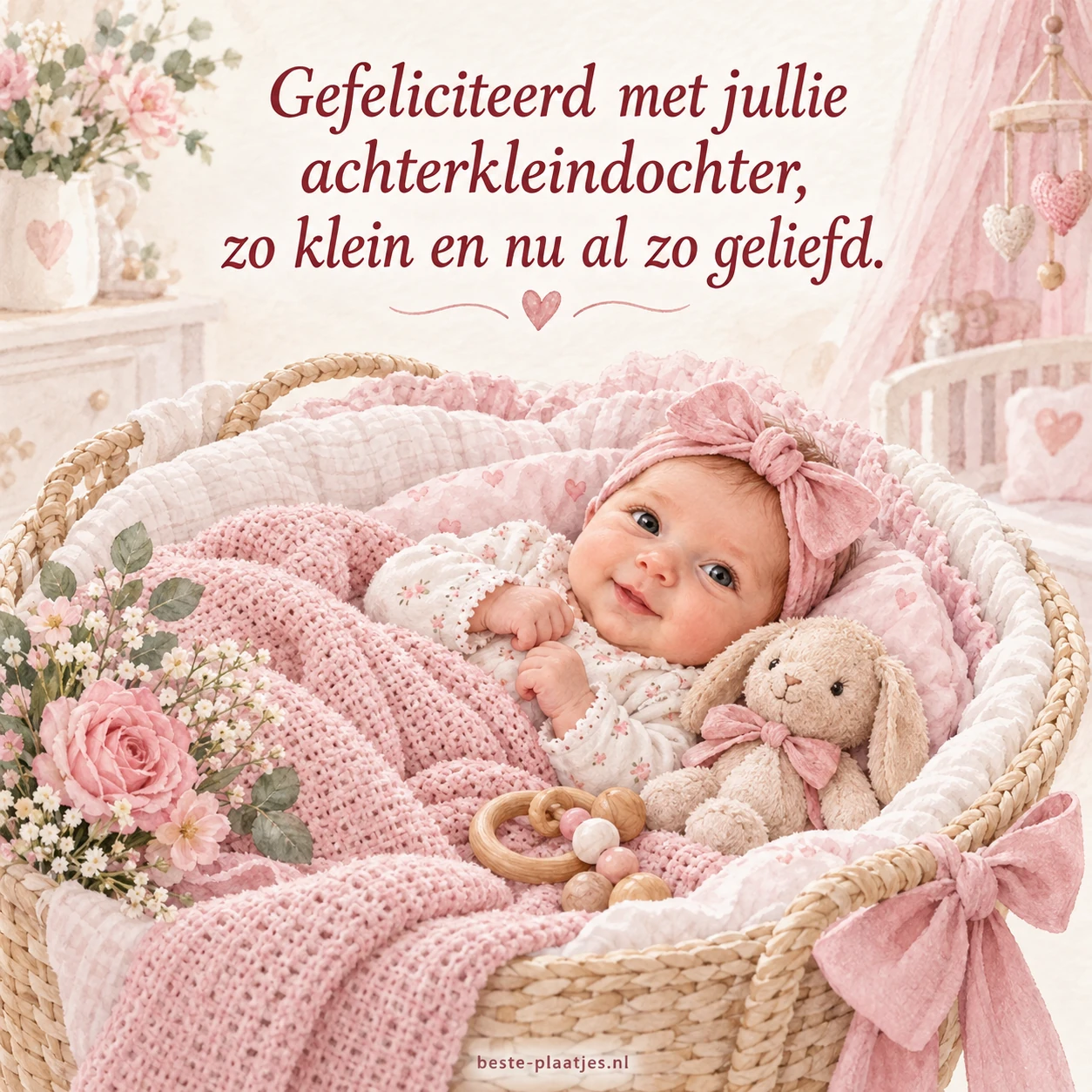 Een babymeisje ligt tussen roze dekens, bloemen en een knuffelkonijn.