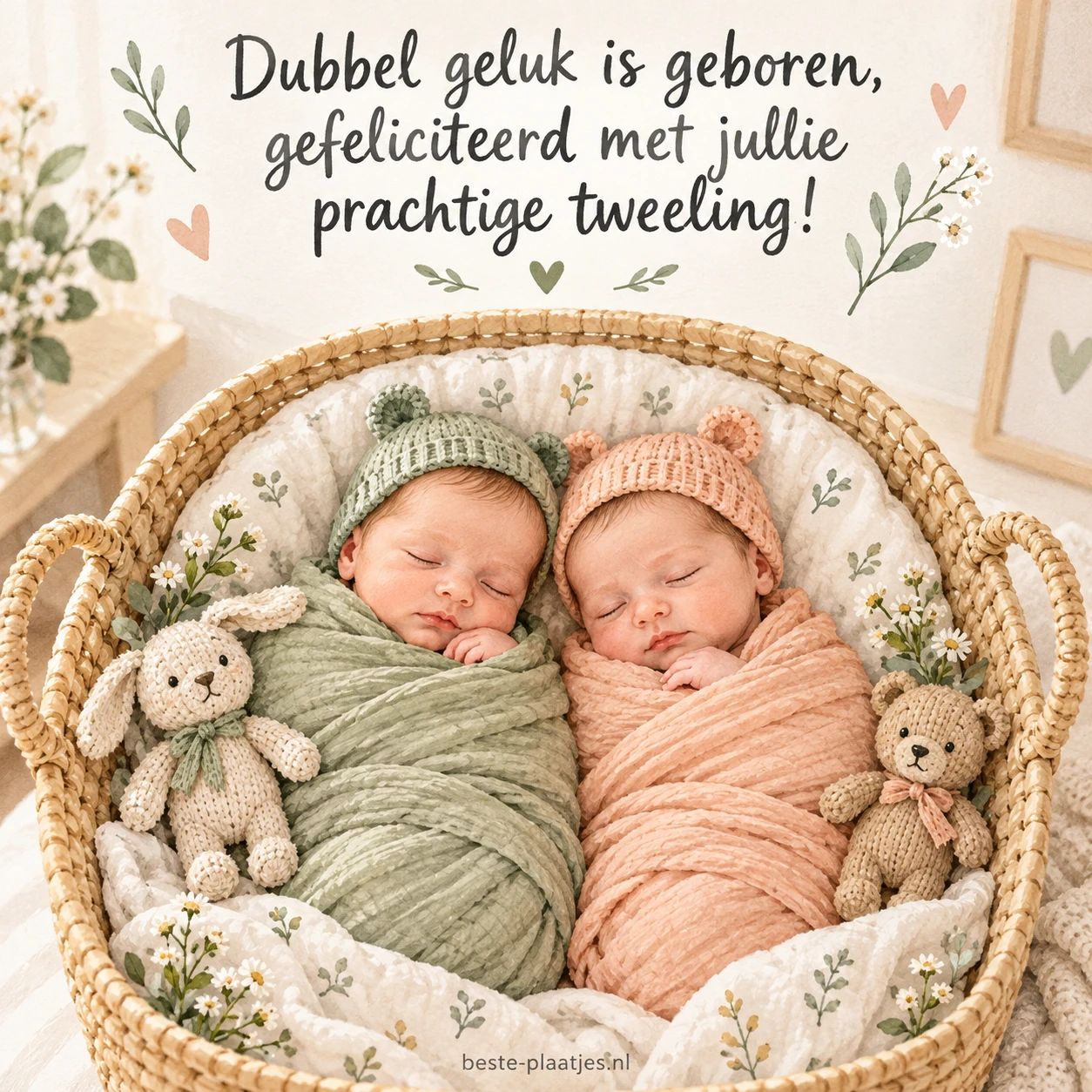Twee pasgeboren baby's slapen samen in een gevlochten mand.