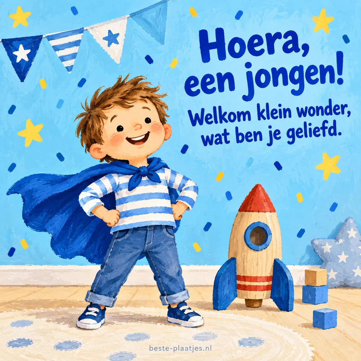 Een vrolijke jongen poseert als held naast een houten speelgoedraket.