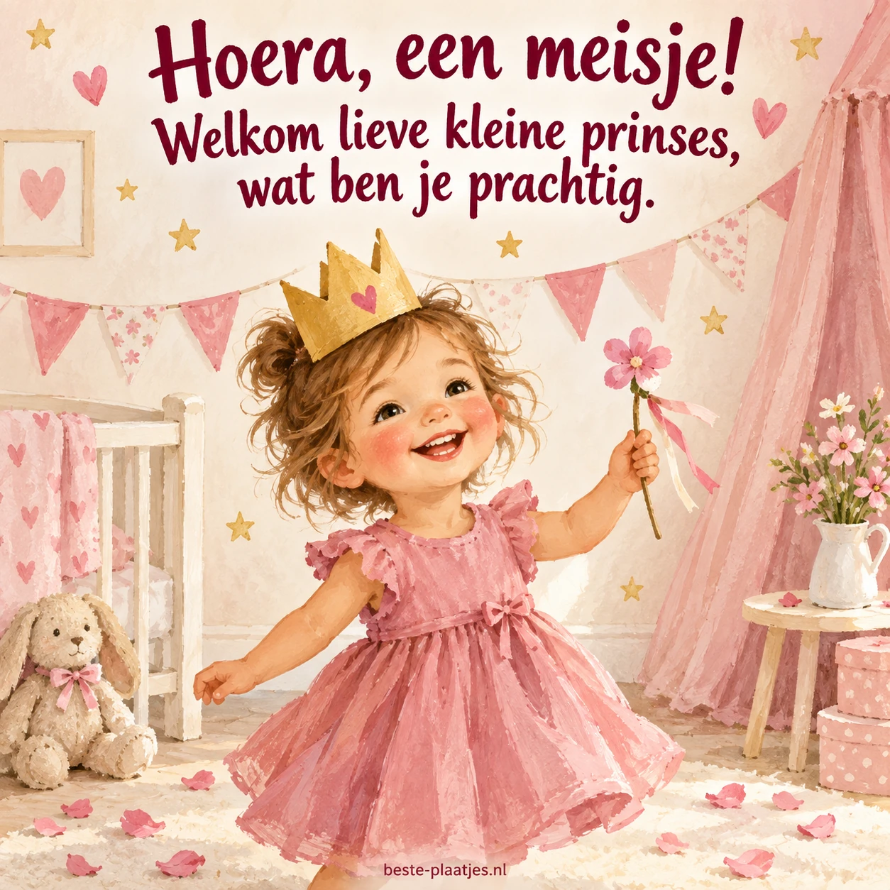 Een meisje met papieren kroon viert feest in een roze kinderkamer.