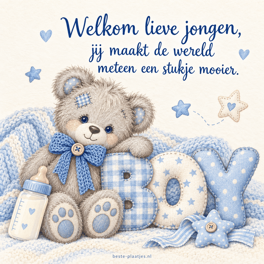 Een grijze teddybeer zit bij zachte BOY-letters en een babyfles.