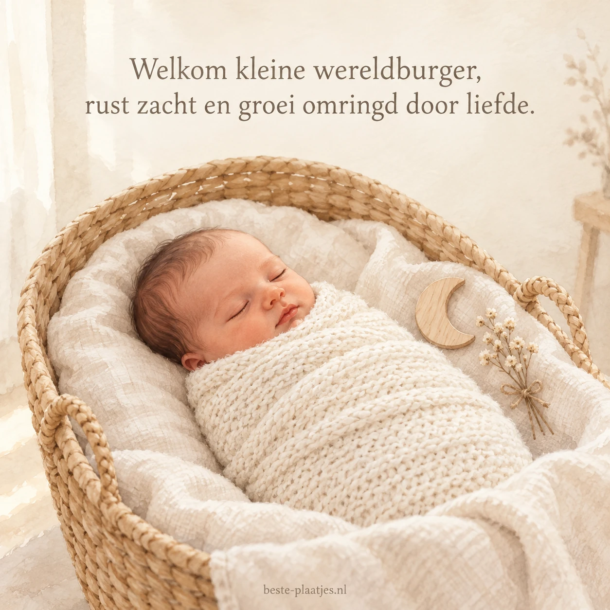 Een ingebakerde baby slaapt rustig in een gevlochten wieg.