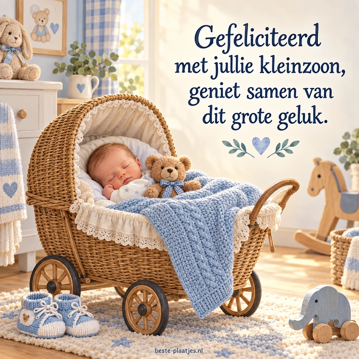 Een pasgeboren kleinzoon slaapt in een rieten kinderwagen naast een teddybeer.