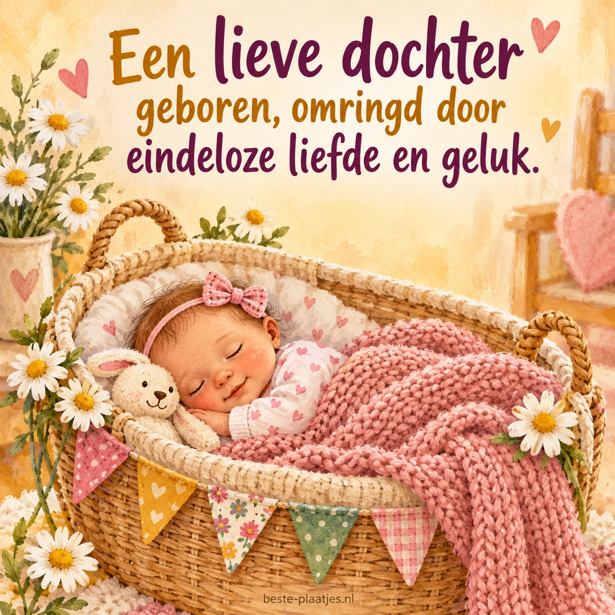 Een pasgeboren dochter slaapt in een wieg tussen madeliefjes en kleurrijke slingers.