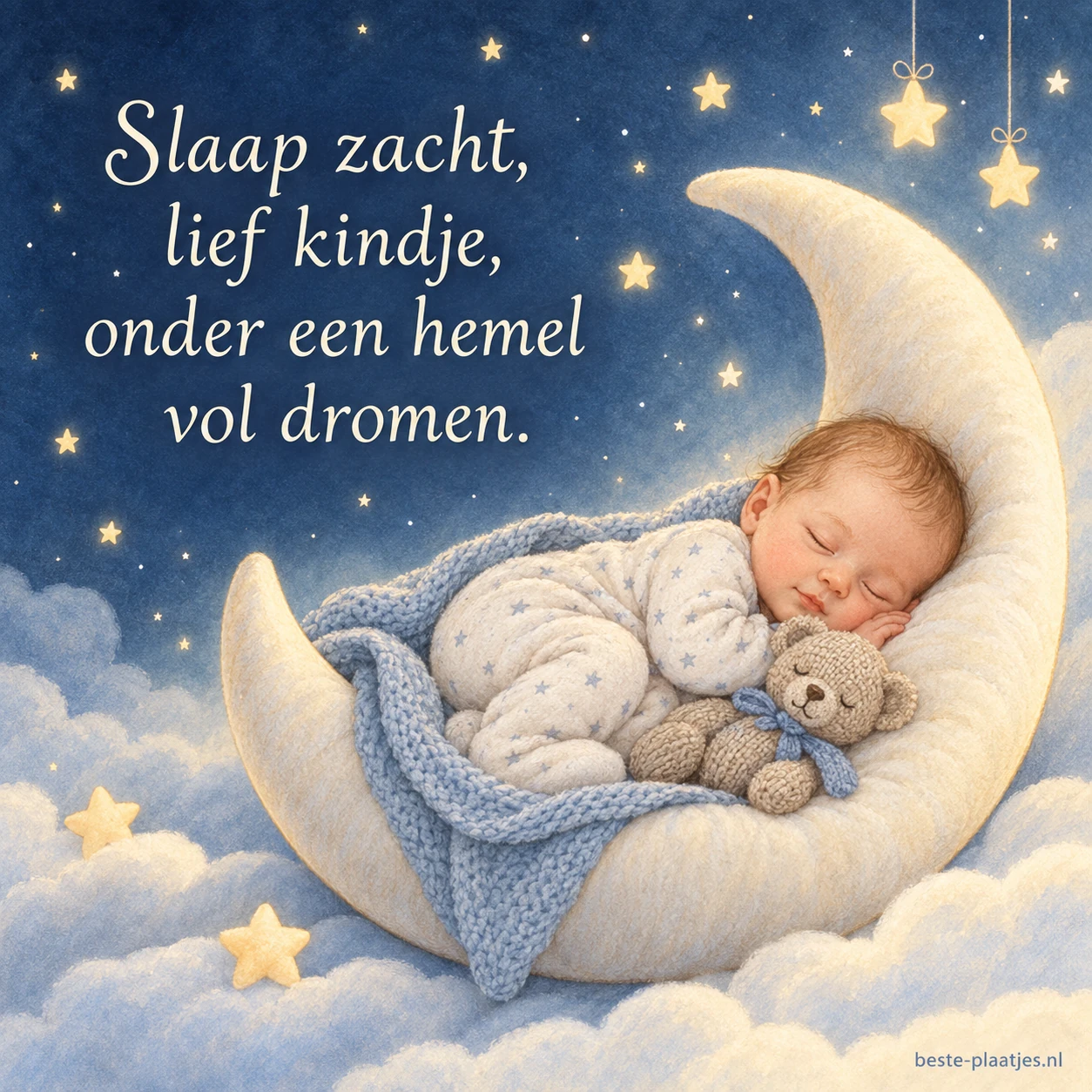 Een slapende baby rust in een maanvormig nest onder een sterrenhemel.