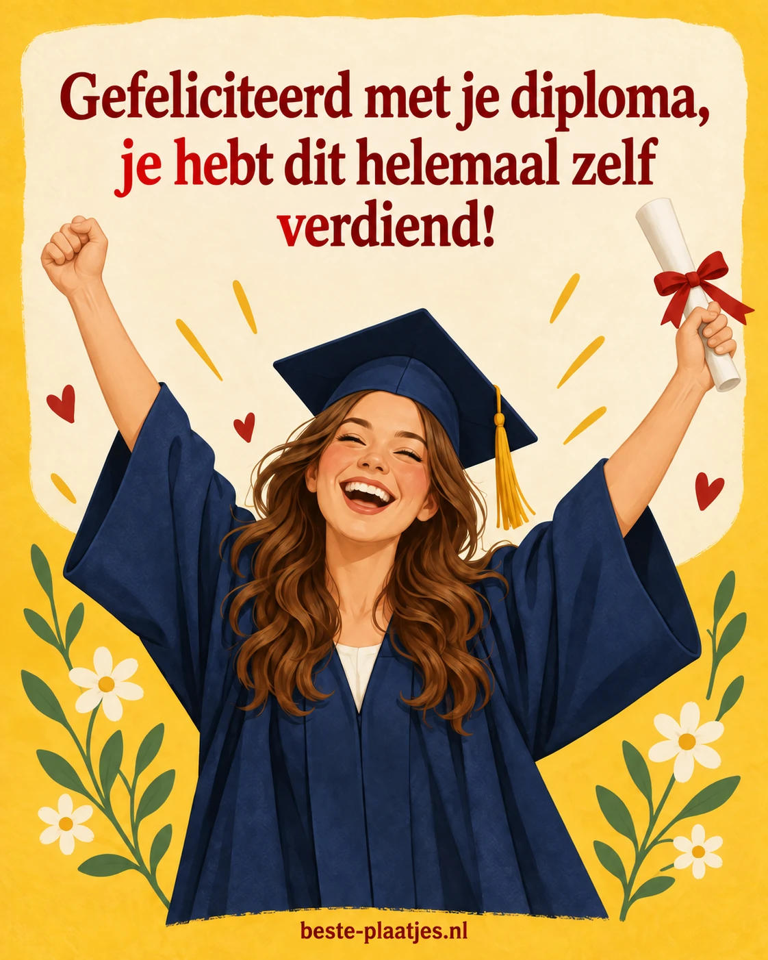 Een lachende afgestudeerde heft haar armen en diploma omhoog tegen een gele achtergrond.