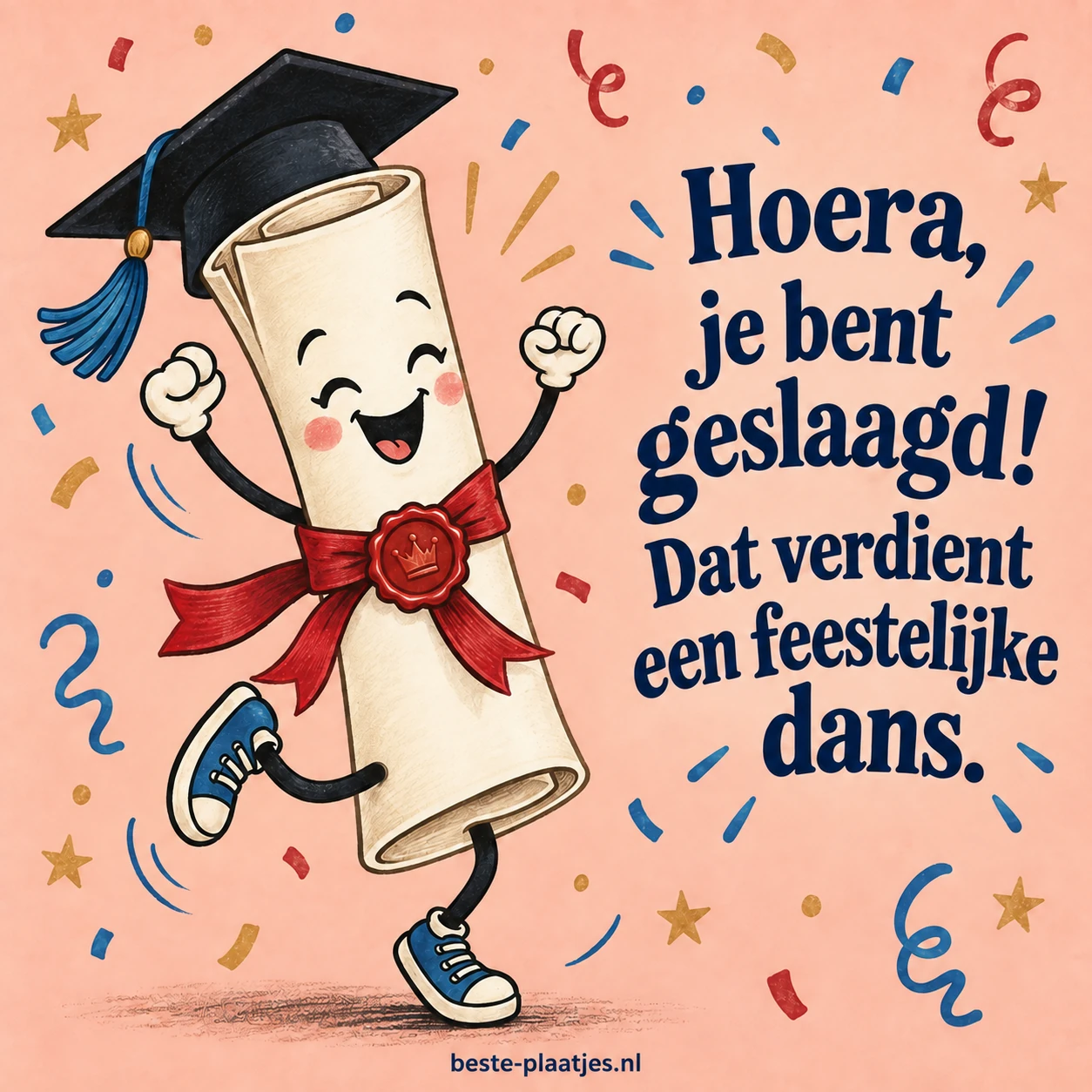 Een vrolijke diploma-rol met afstudeerhoed danst tussen confetti.