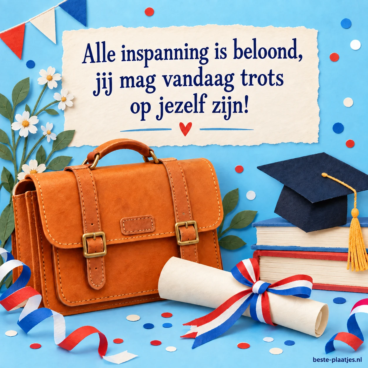 Een leren schooltas, diploma en afstudeerhoed liggen tussen feestlinten.