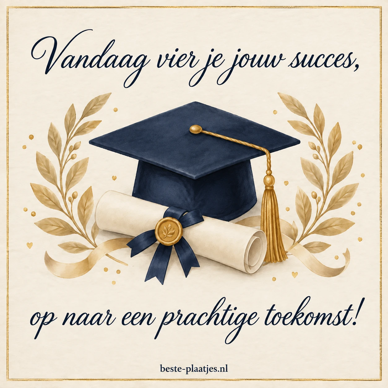 Een afstudeerhoed en diploma zijn omlijst met gouden lauriertakken.